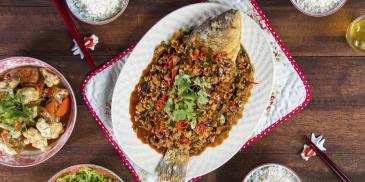 Appetizing Fried Fish With Preserved Choy Sum In Minced Chicken Sauce